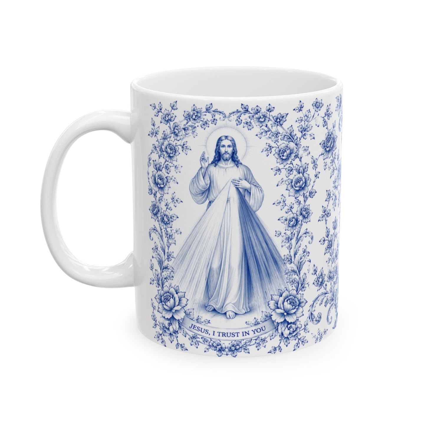Divine Mercy Catholic Mug – Blue Toile Design (11oz & 15oz)