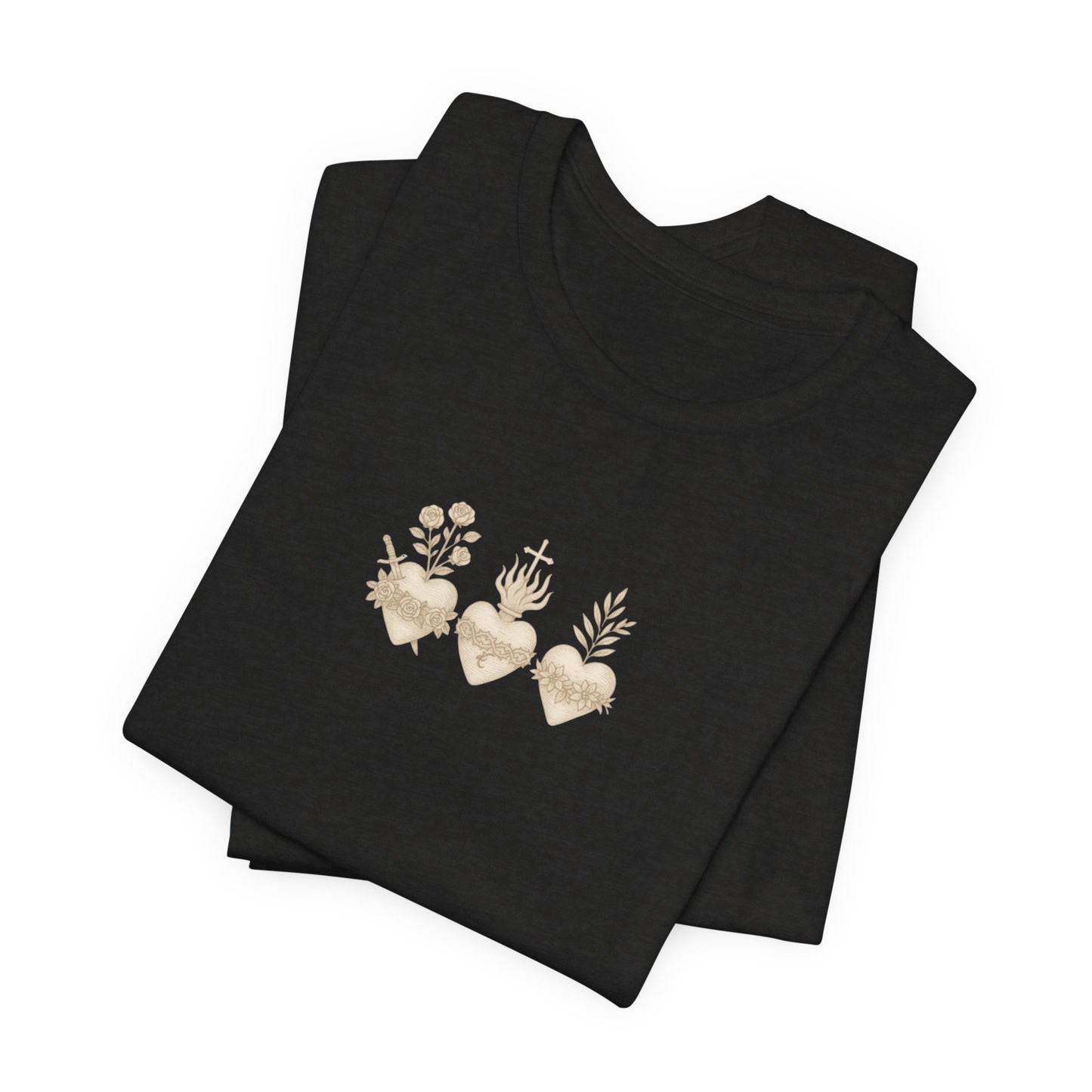 Sacred Heart Trio Graphic Tee — Minimal Vintage Botanical Hearts T-Shirt