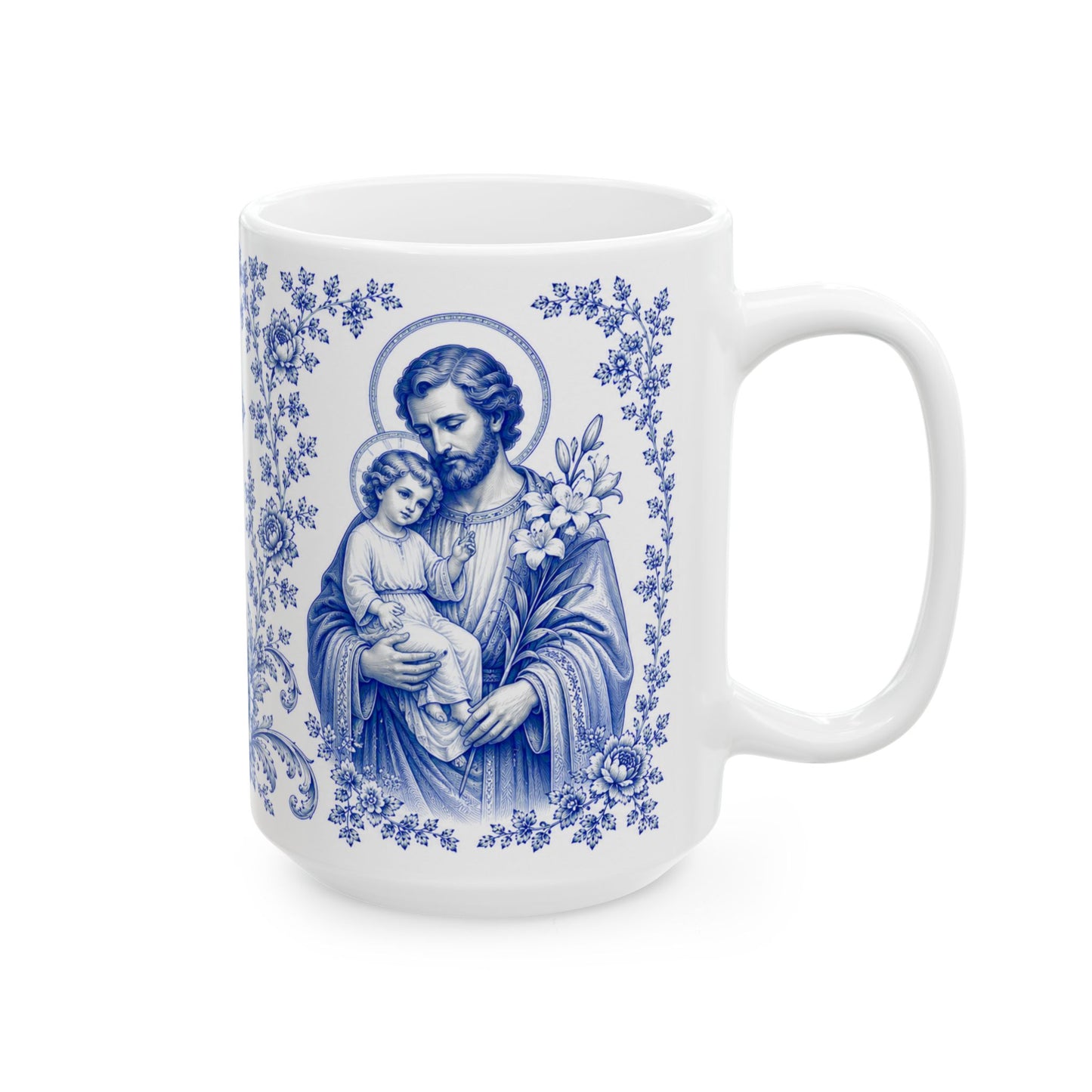 Saint Joseph Catholic Mug – Blue Toile Design (11oz & 15oz)