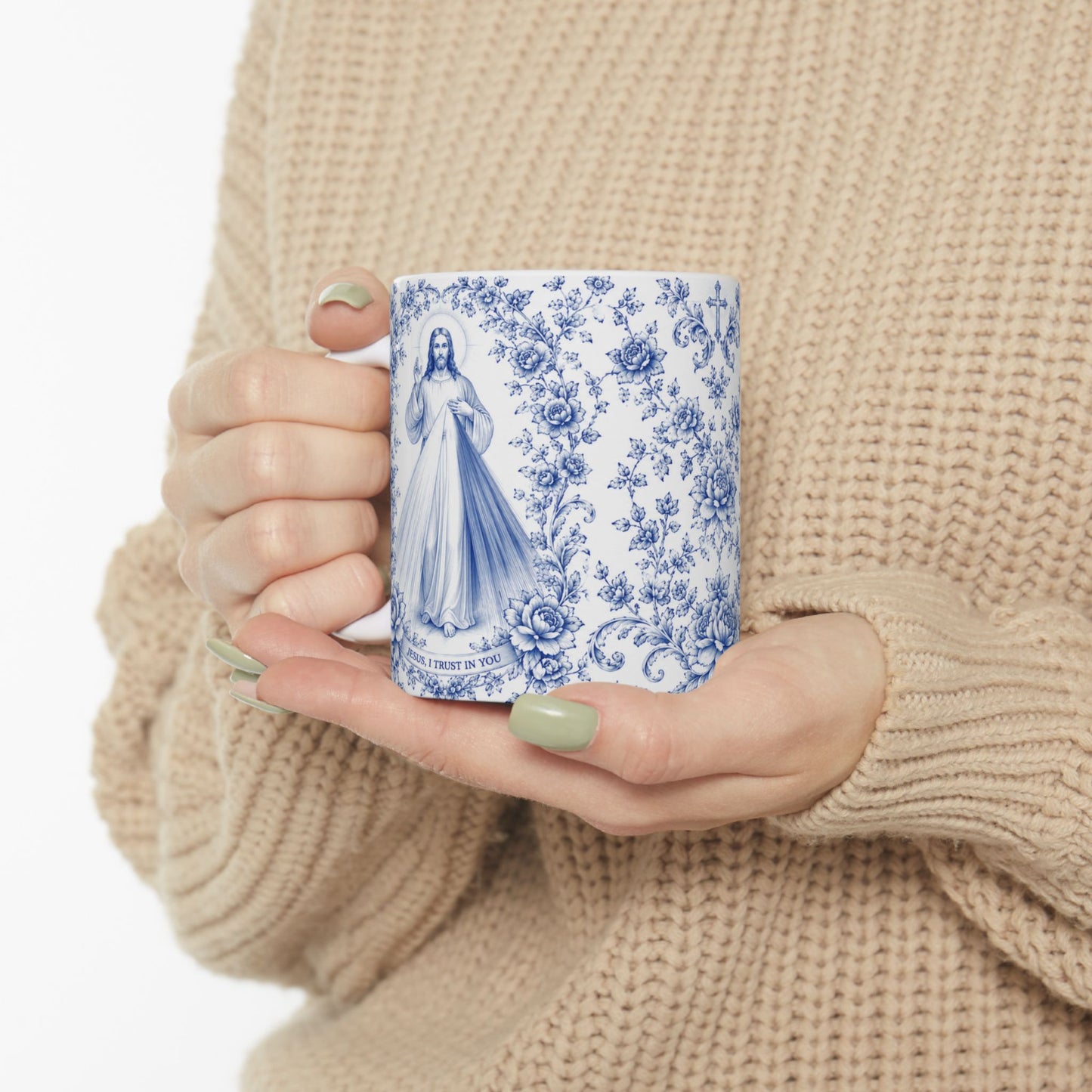 Divine Mercy Catholic Mug – Blue Toile Design (11oz & 15oz)