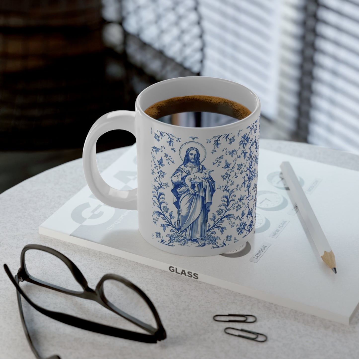 Good Shepherd Toile 20oz Jumbo Mug — Blue Floral Catholic Coffee Cup (Christian Gift)