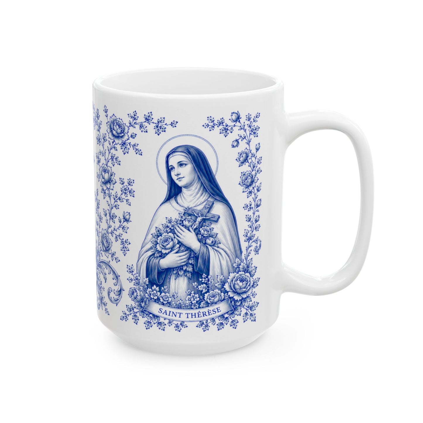 Saint Thérèse of Lisieux Catholic Mug – Blue Toile Design (11oz & 15oz)