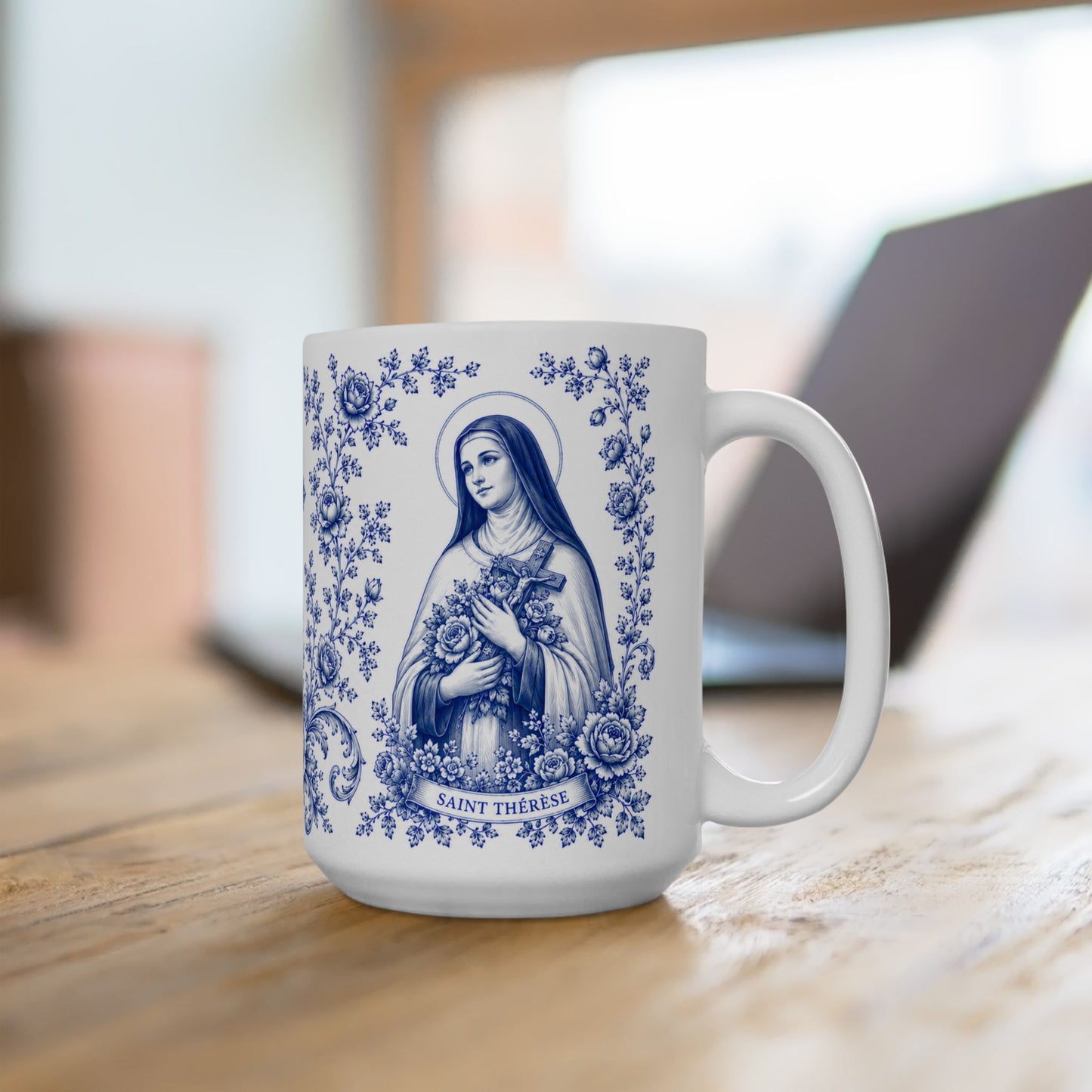 Saint Thérèse of Lisieux Catholic Mug – Blue Toile Design (11oz & 15oz)