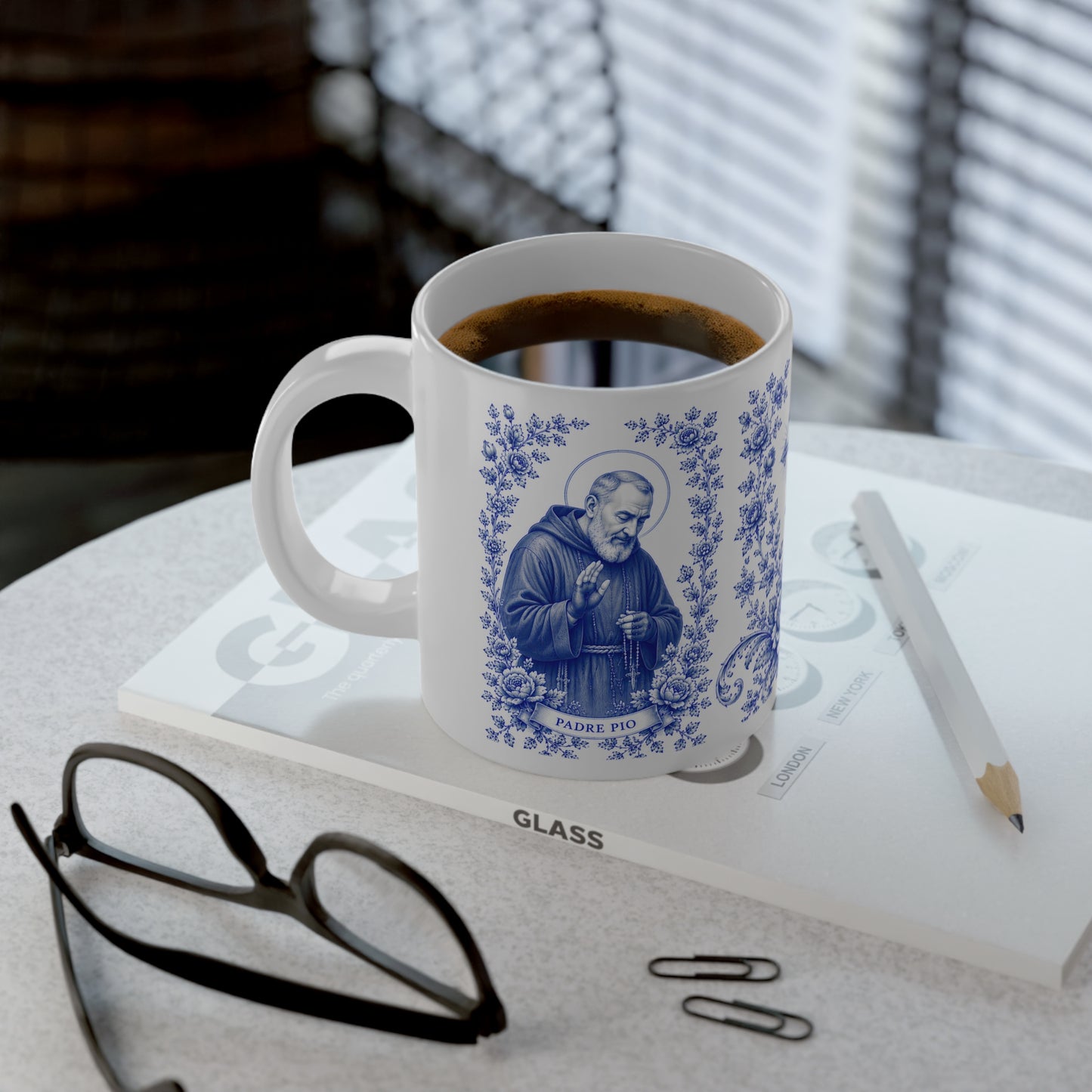 Padre Pio Catholic Mug – Blue Toile Design (20oz)