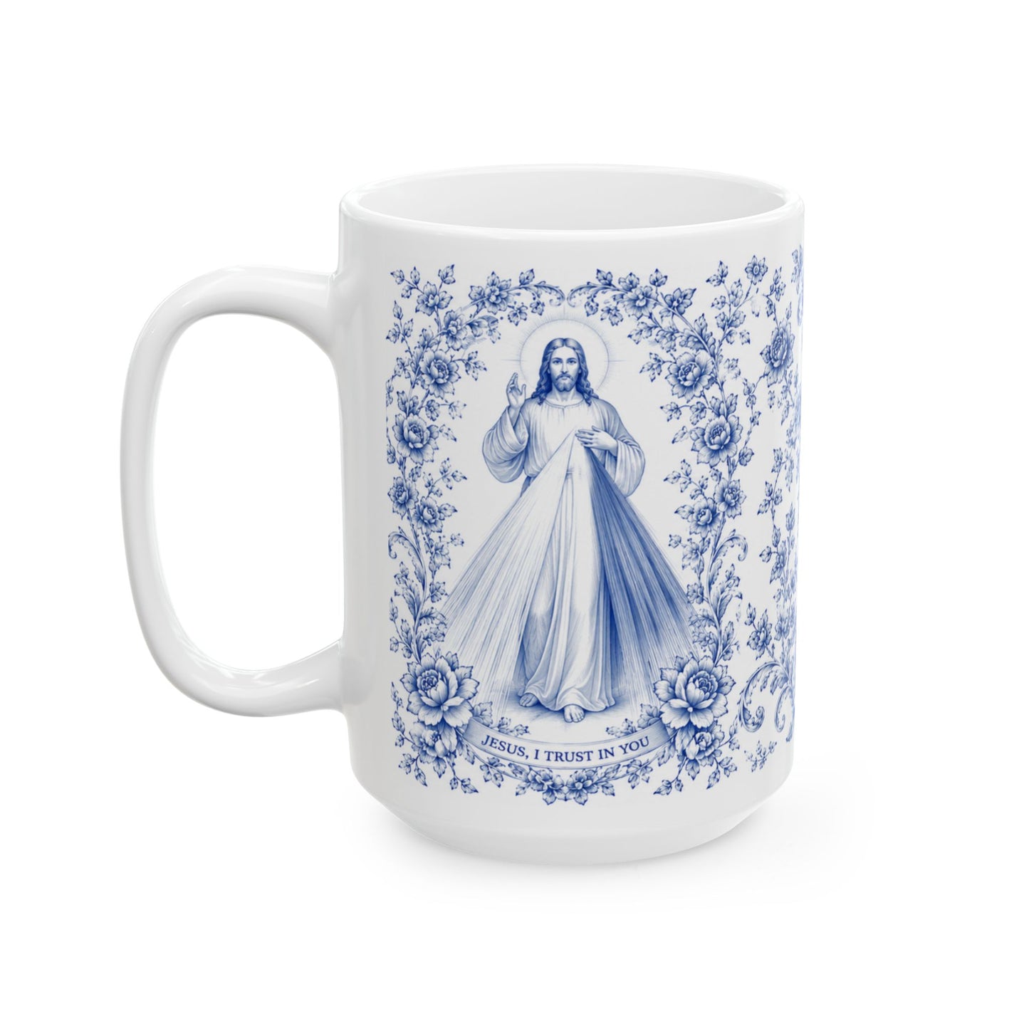 Divine Mercy Catholic Mug – Blue Toile Design (11oz & 15oz)