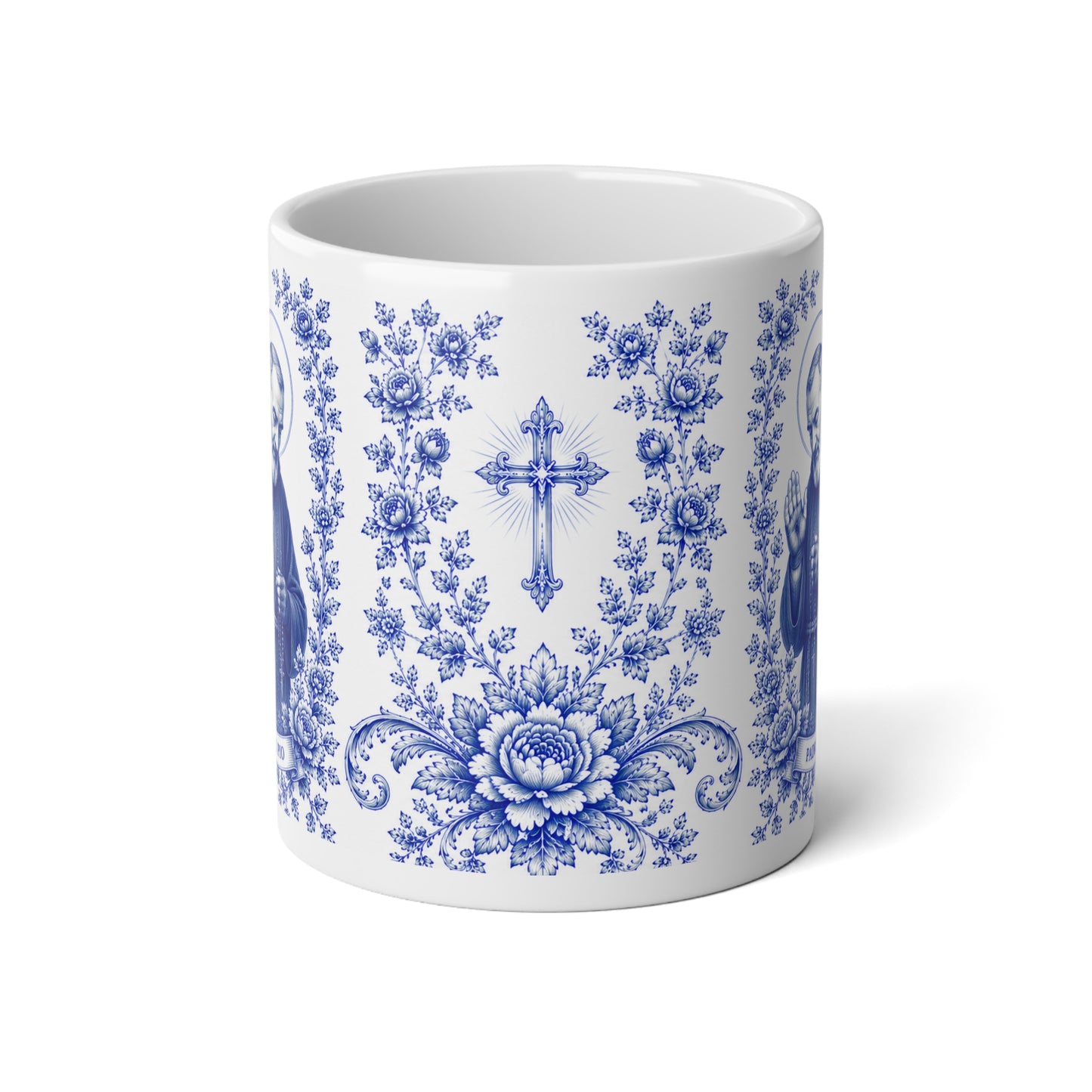 Padre Pio Catholic Mug – Blue Toile Design (20oz)