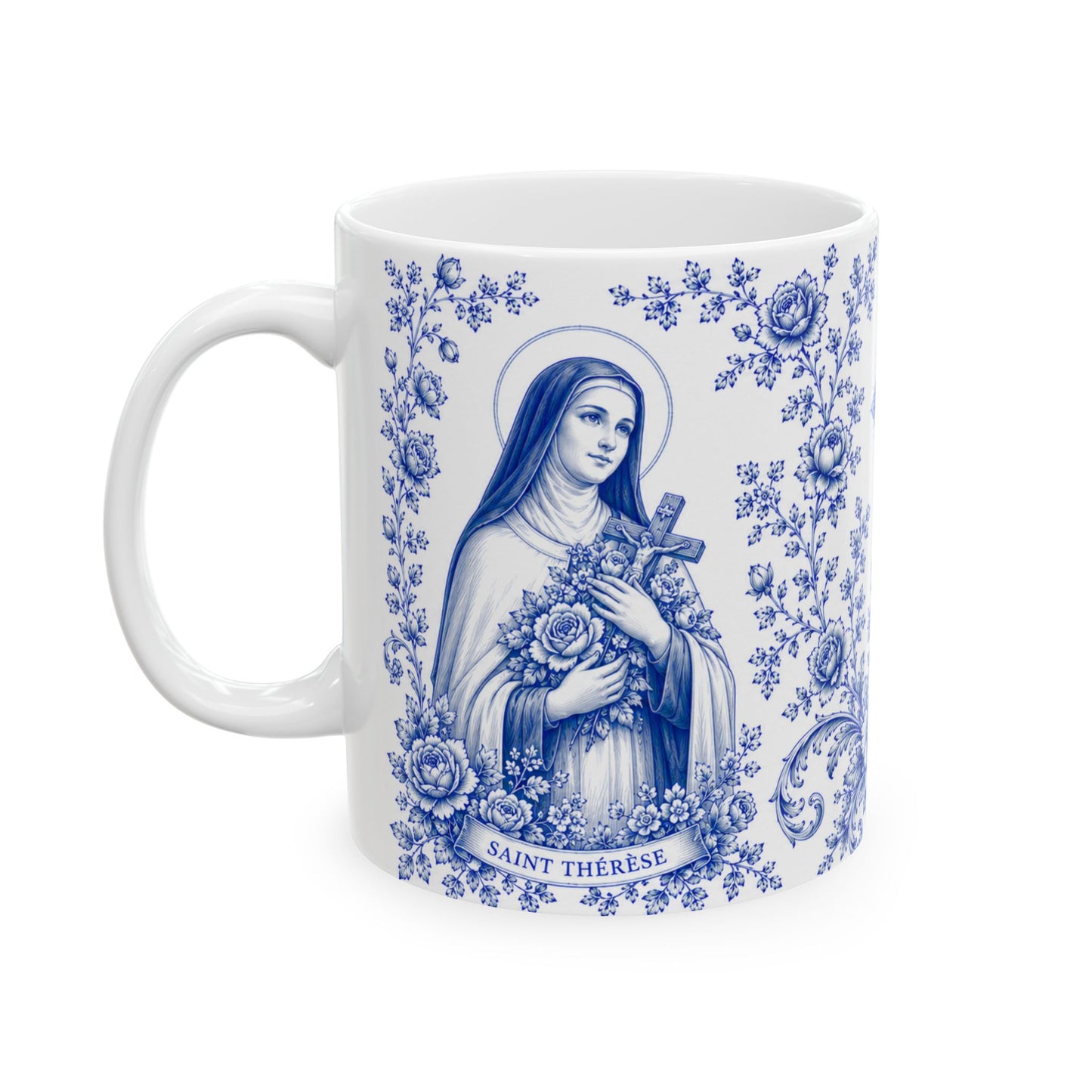Saint Thérèse of Lisieux Catholic Mug – Blue Toile Design (11oz & 15oz)