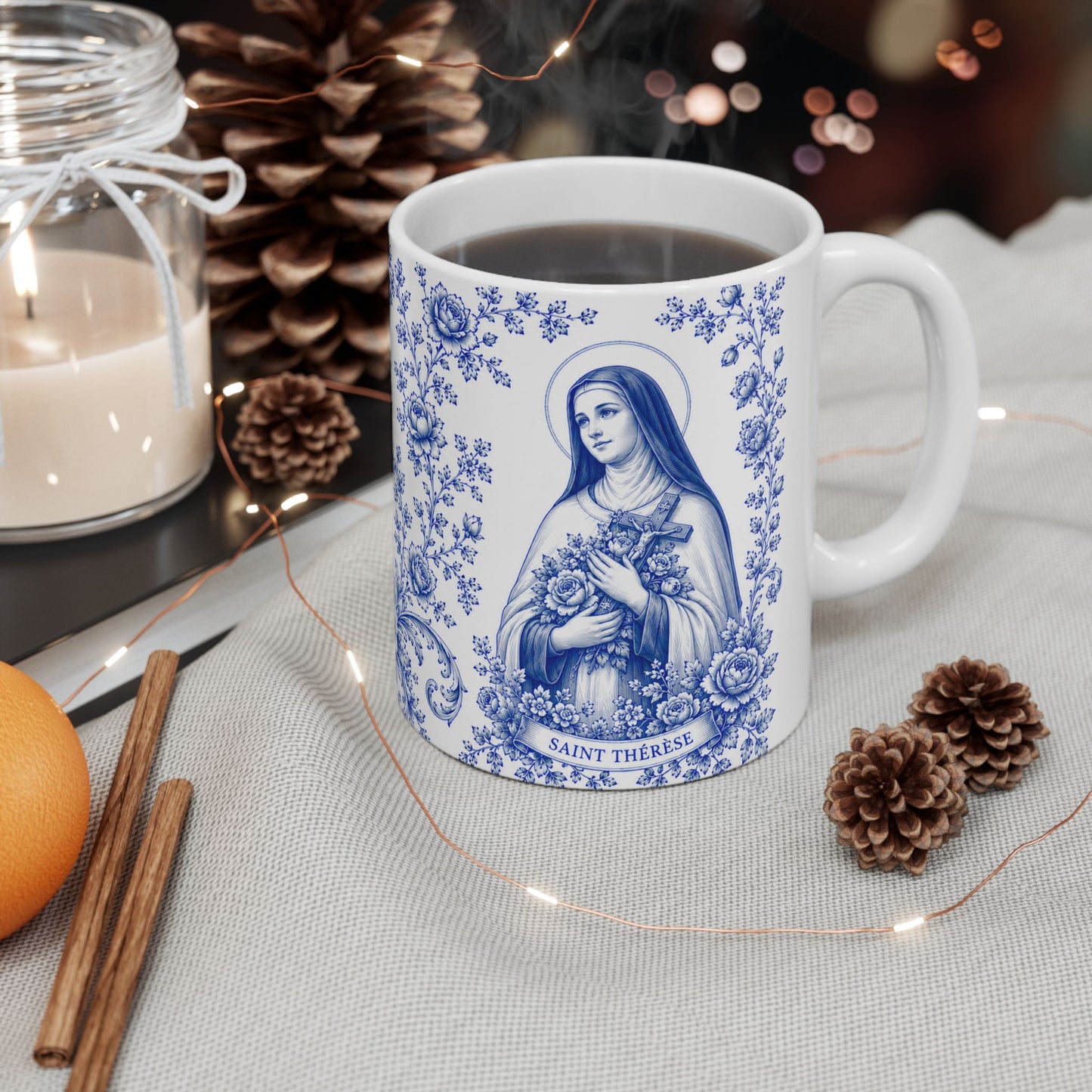 Saint Thérèse of Lisieux Catholic Mug – Blue Toile Design (11oz & 15oz)