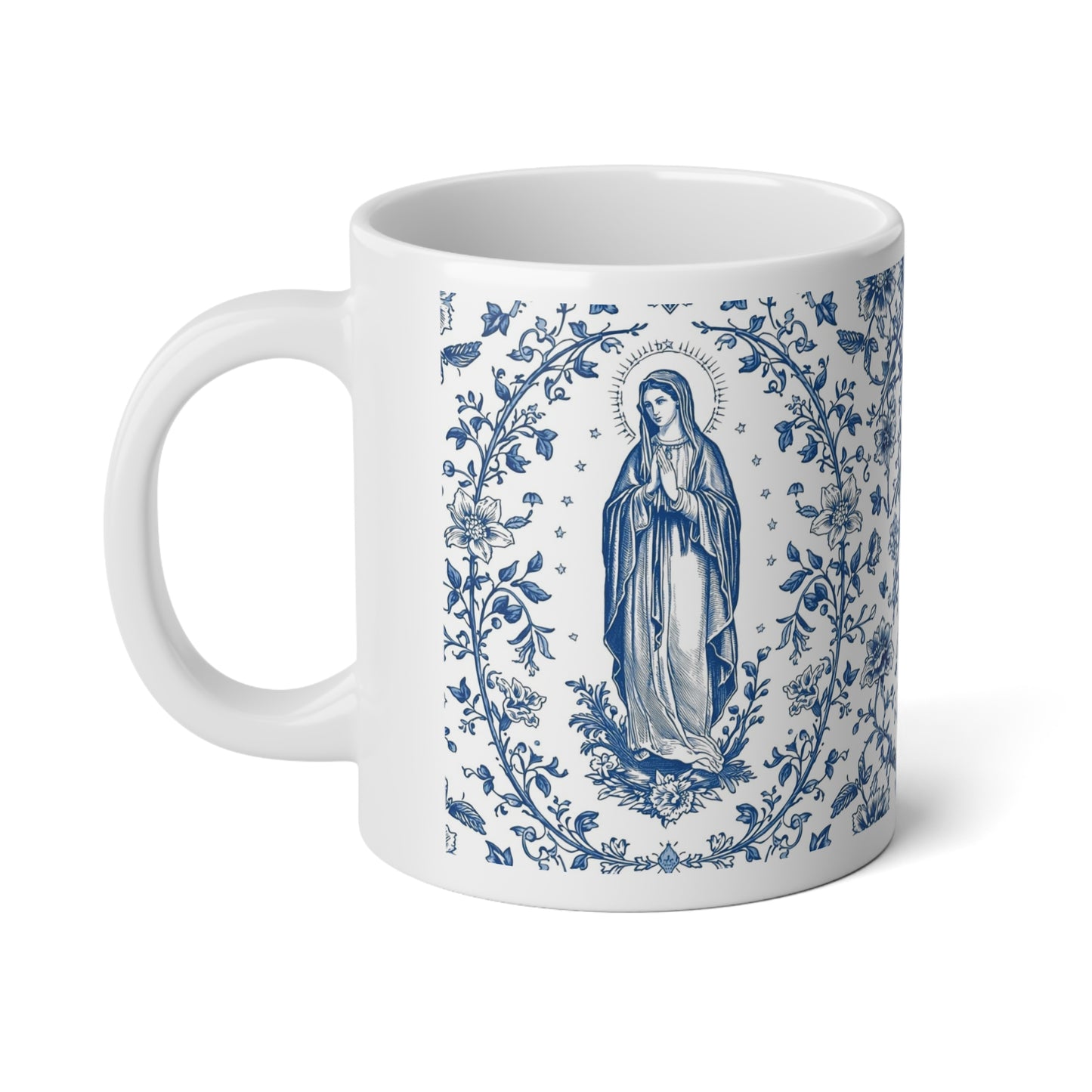 Blessed Mother 20oz Jumbo Mug — Blue Marian Toile 'Ave Maria' Catholic Coffee Cup