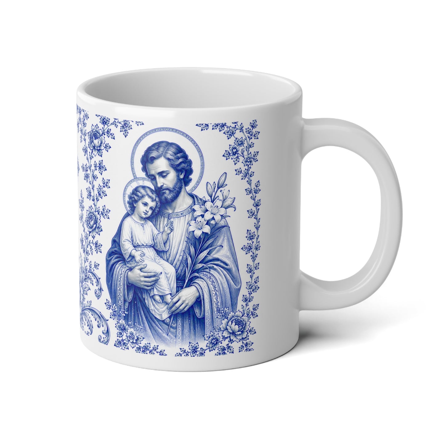 Saint Joseph Catholic Mug – Blue Toile Design (20oz)