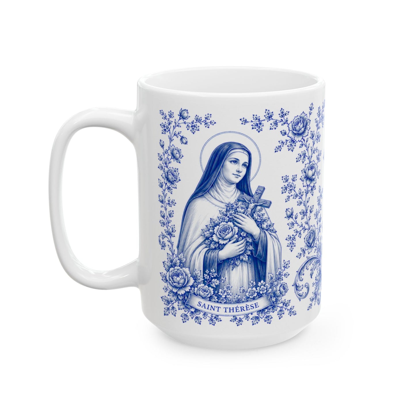Saint Thérèse of Lisieux Catholic Mug – Blue Toile Design (11oz & 15oz)